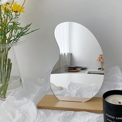 Korean Style Makeup Mirror Irregular Decorative Desk Mirror with Wooden Base